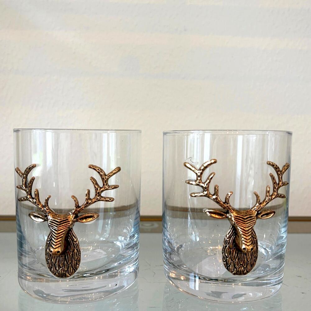 2 Brass Stag Deer Old Fashioned Whiskey Glasses 12oz. Holiday Cocktail New